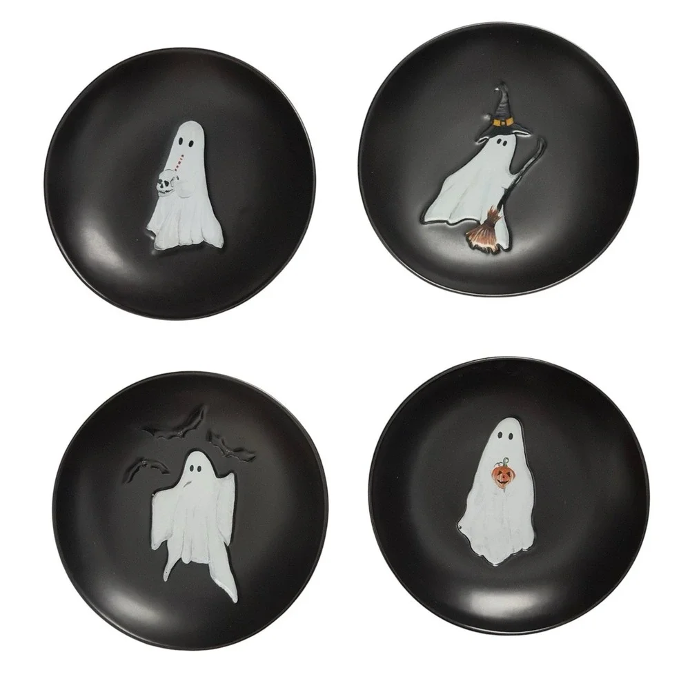 Pottery Barn Scary Squad Halloween Ghost Appetizer Plates Set of 4 Ceramic